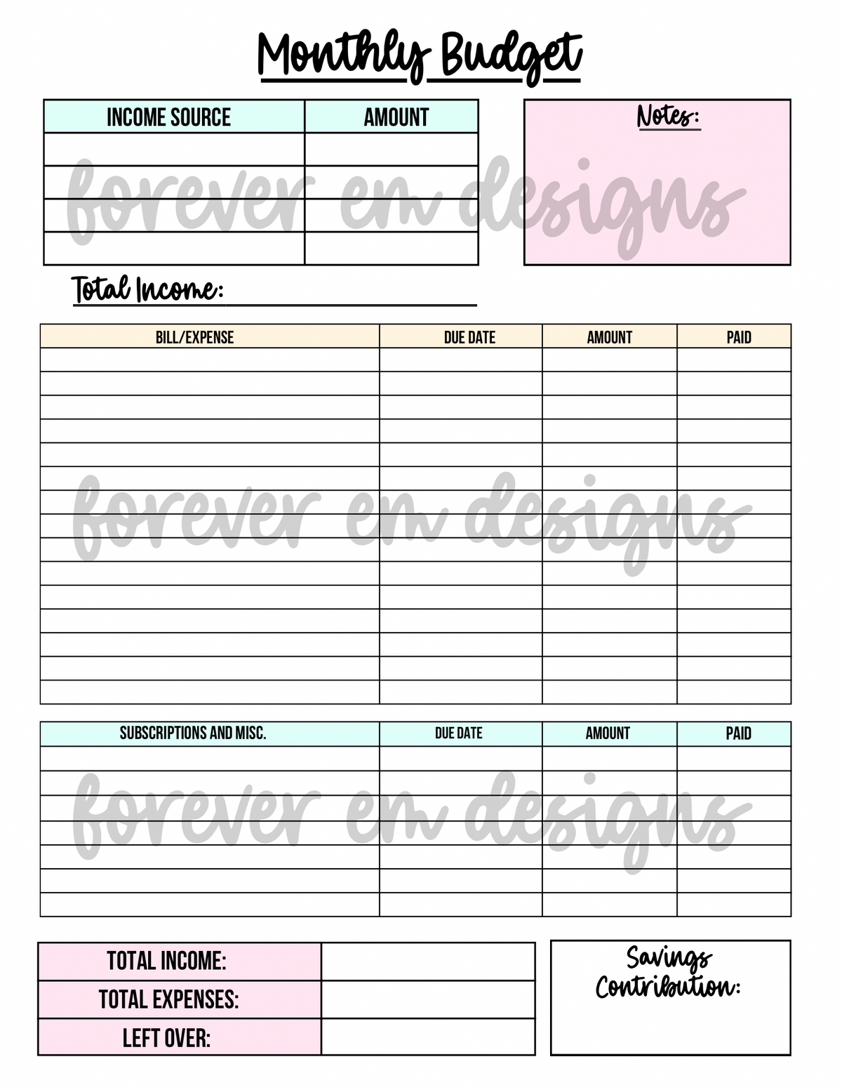Printable Budget Planner - Color