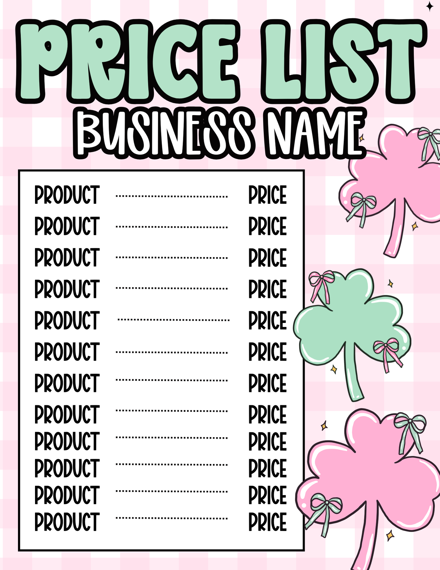 St. Patrick’s Day Price Sheet