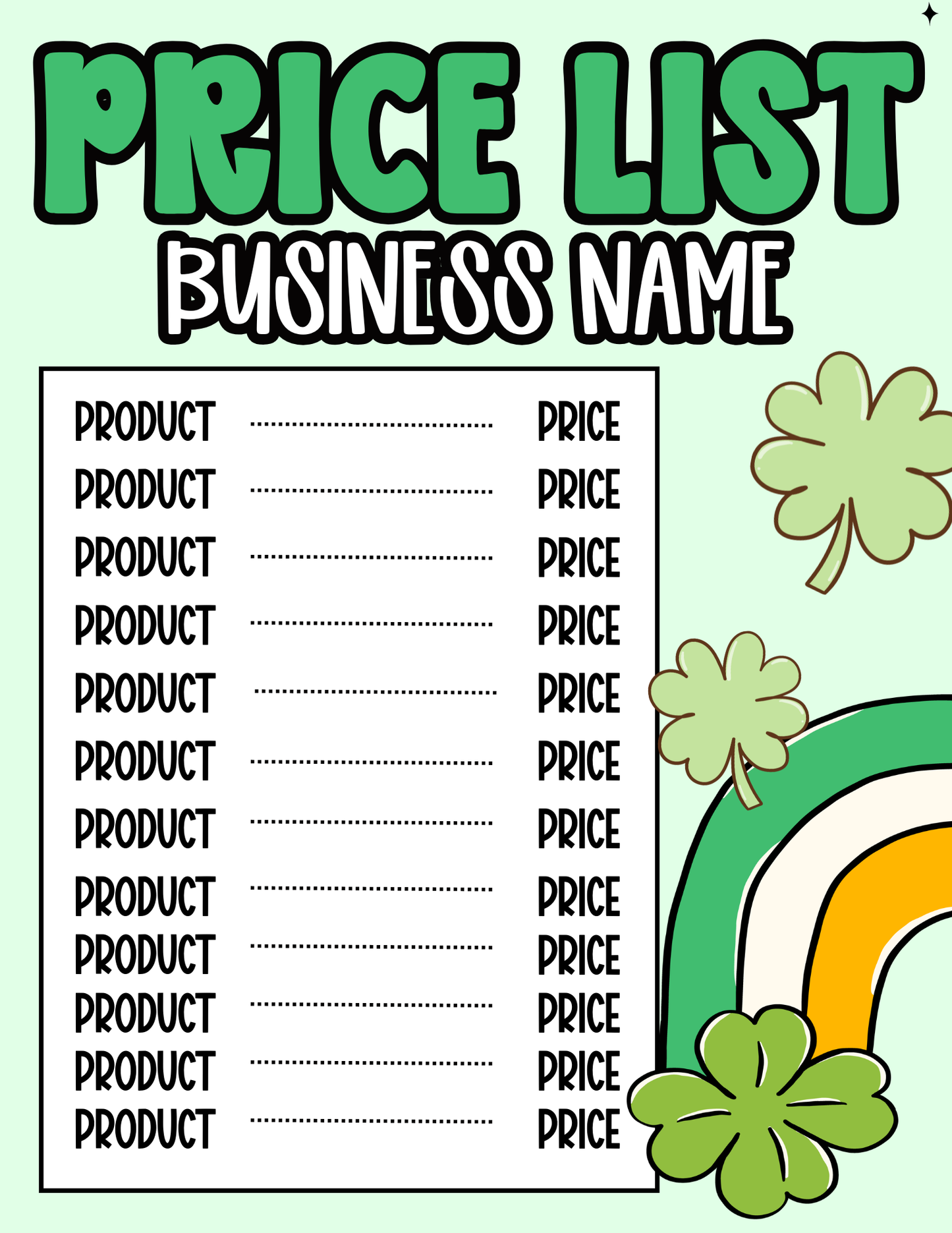 St. Patrick’s Day Price Sheet