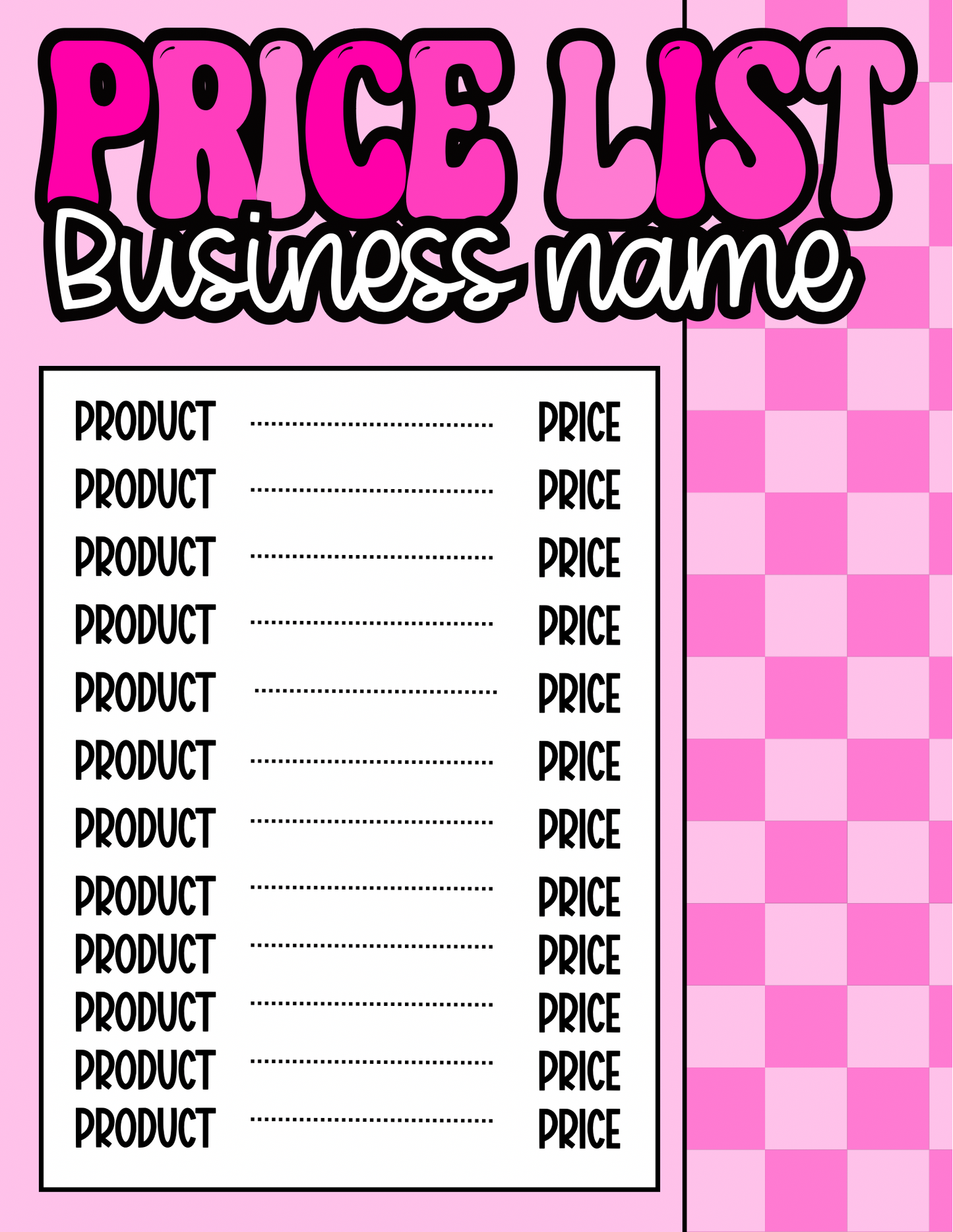 Pink Check Price Sheet