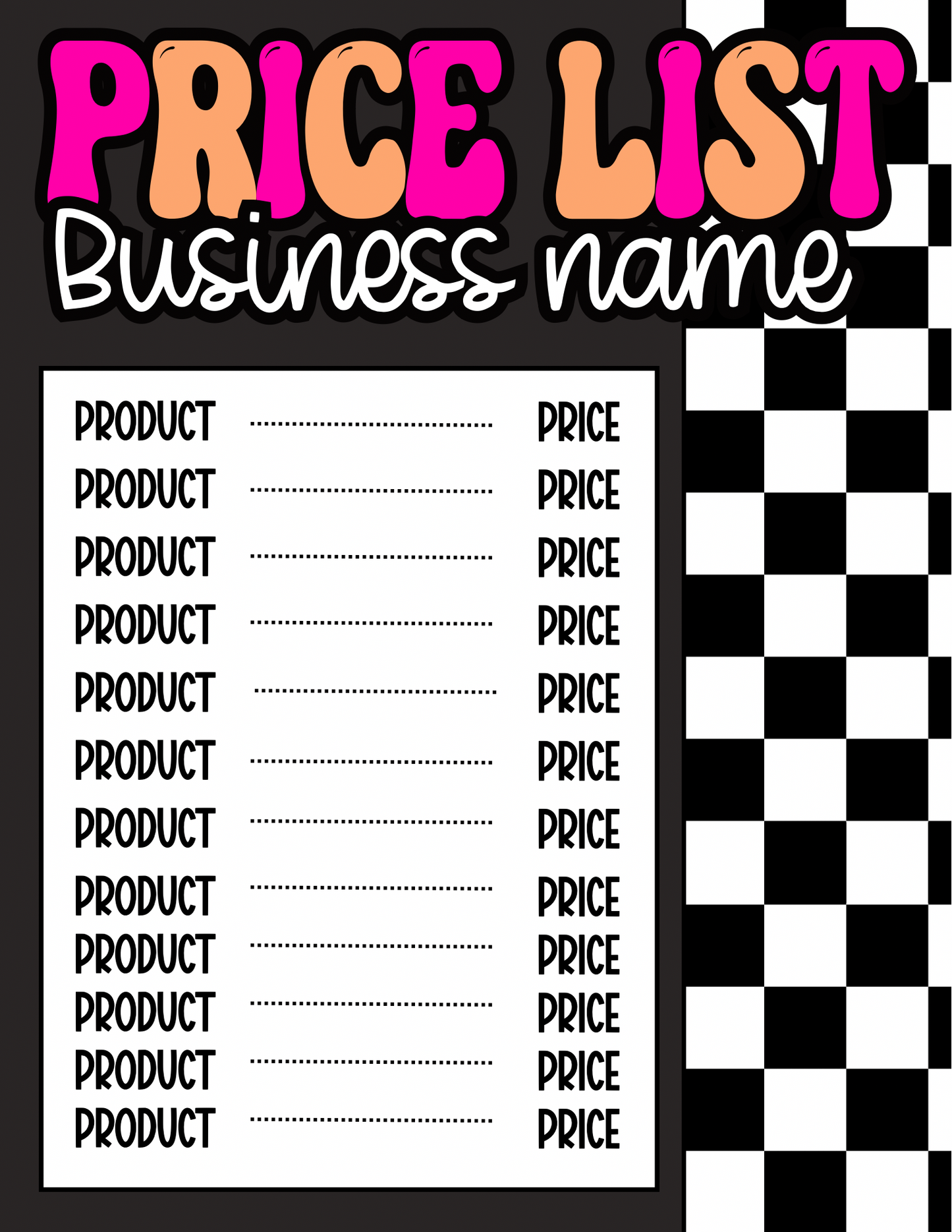 Pink + Orange Check Price Sheet