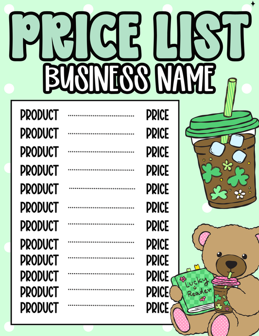 St. Patrick’s Day Price Sheet