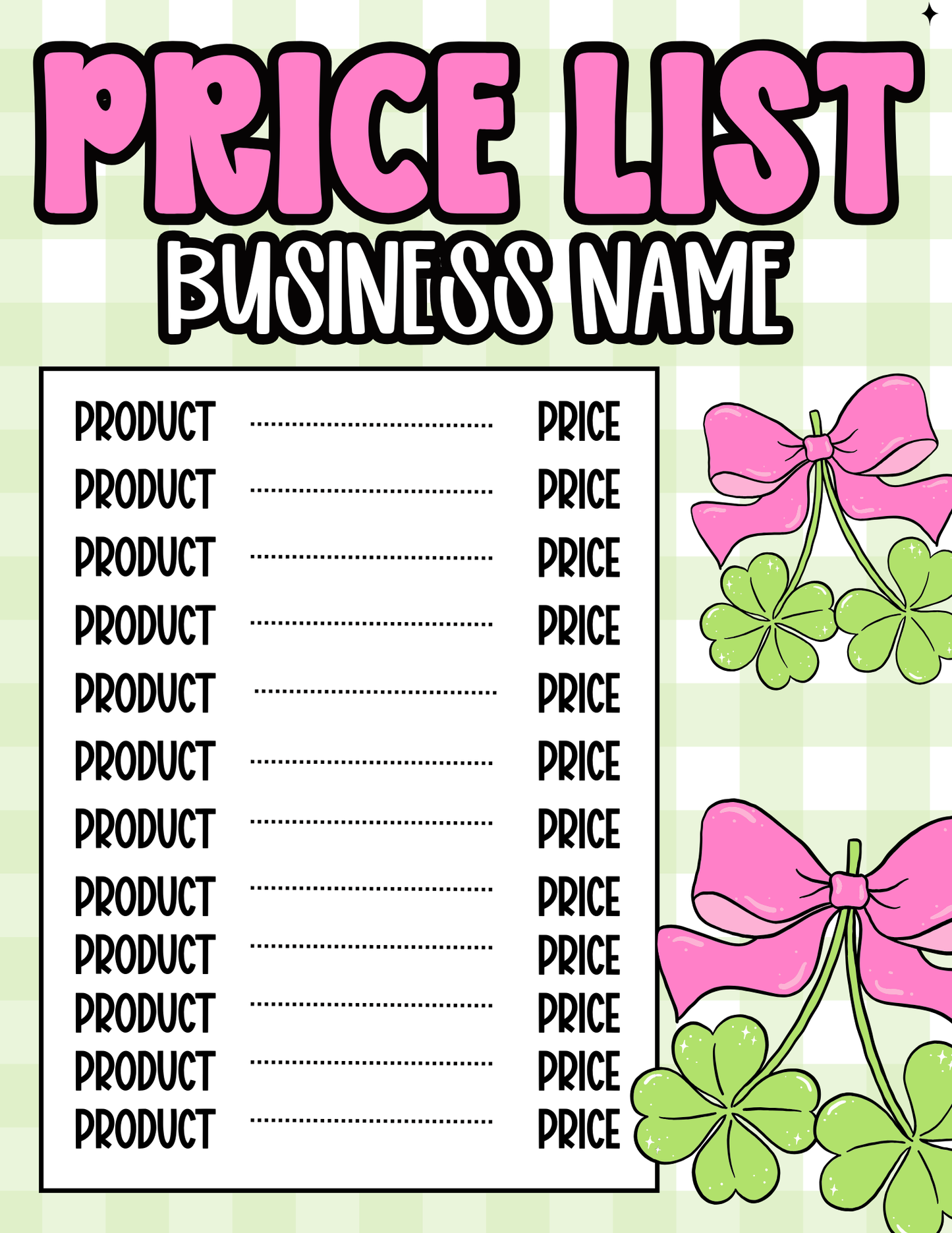 St. Patrick’s Day Price Sheet