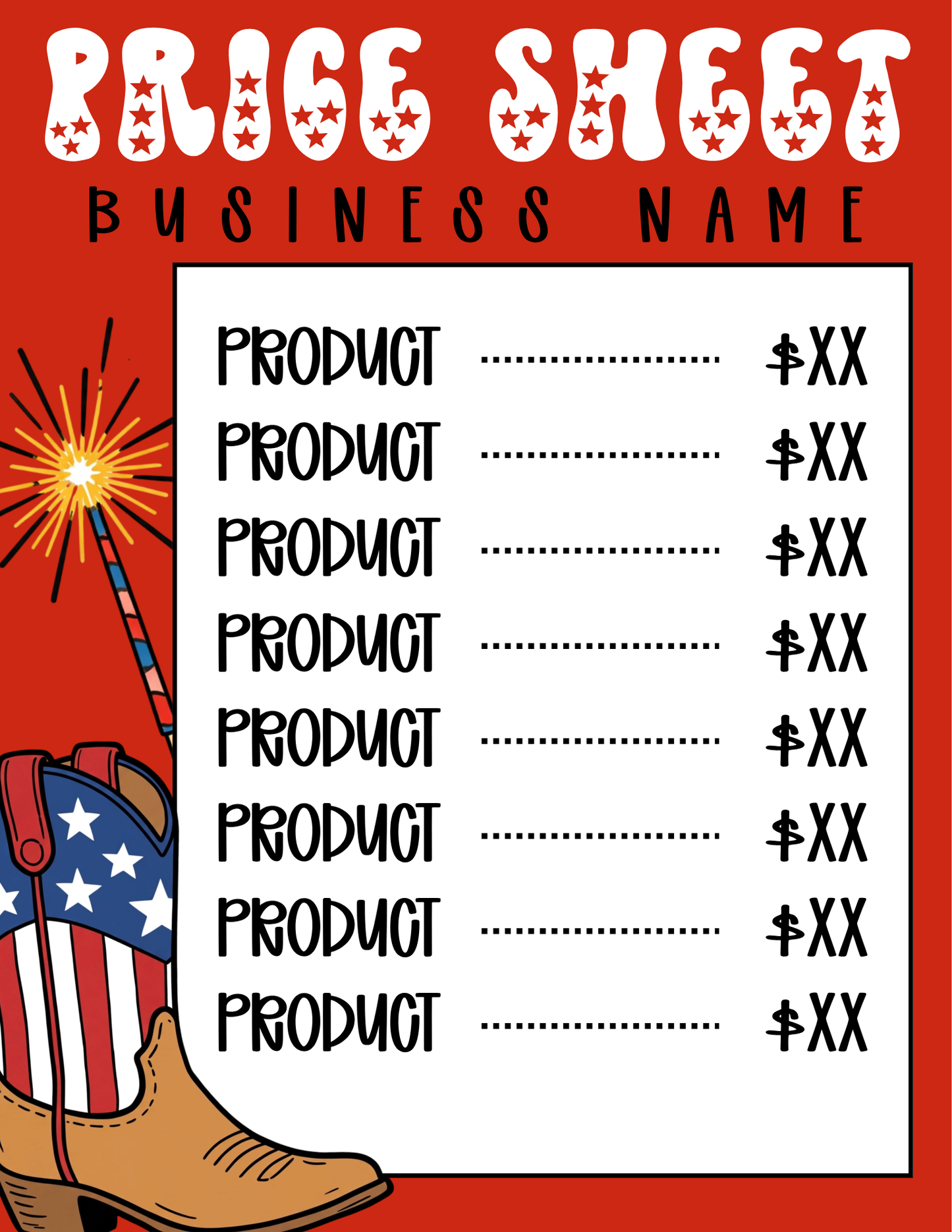 A Small Town 4th Price Sheet
