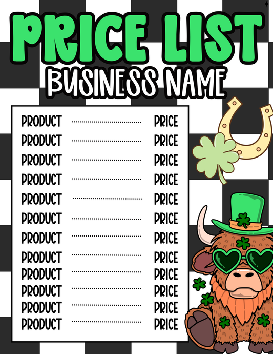 St. Patrick’s Day Price Sheet