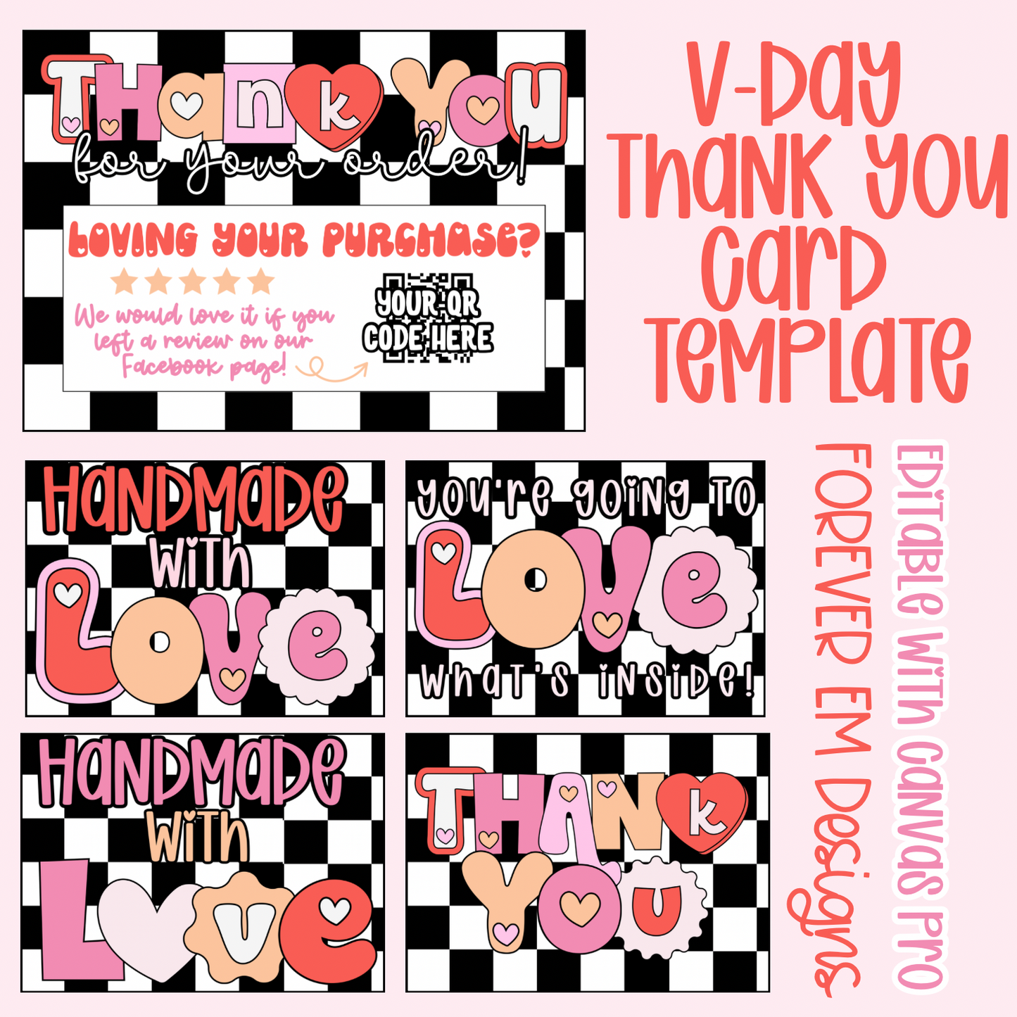 Black Checkered Print Valentine’s Day Thank You Card Template Set