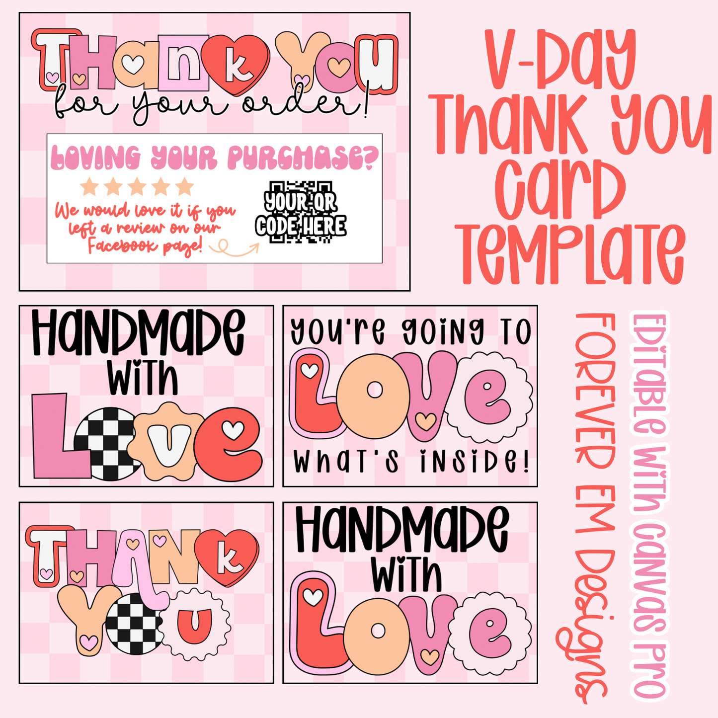 Pink Checkered Print Valentine’s Day Thank You Card Template Set