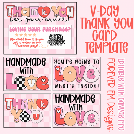 Pink Checkered Print Valentine’s Day Thank You Card Template Set
