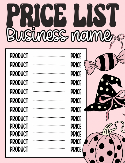 Preppy/Pink Halloween Price Sheet