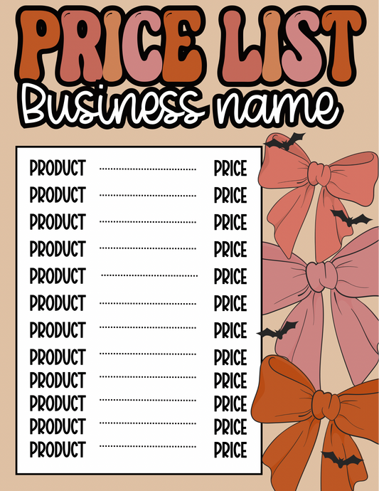 Halloween Bow Price Sheet