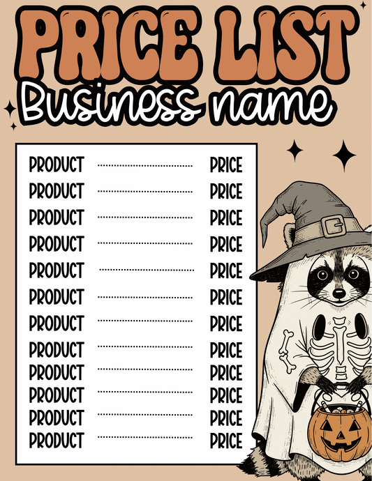 Spooky Raccoon Price Sheet