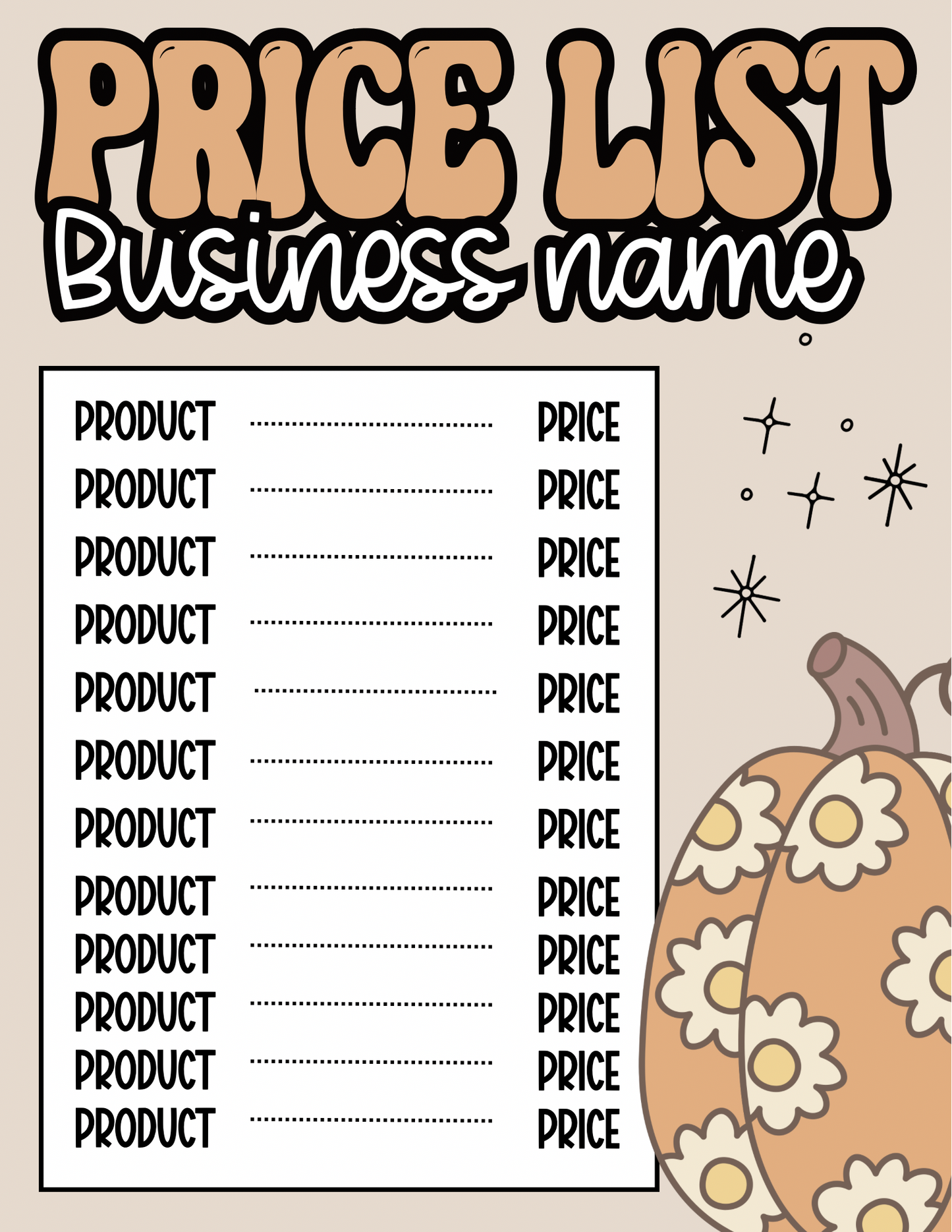 Fall Price Sheet