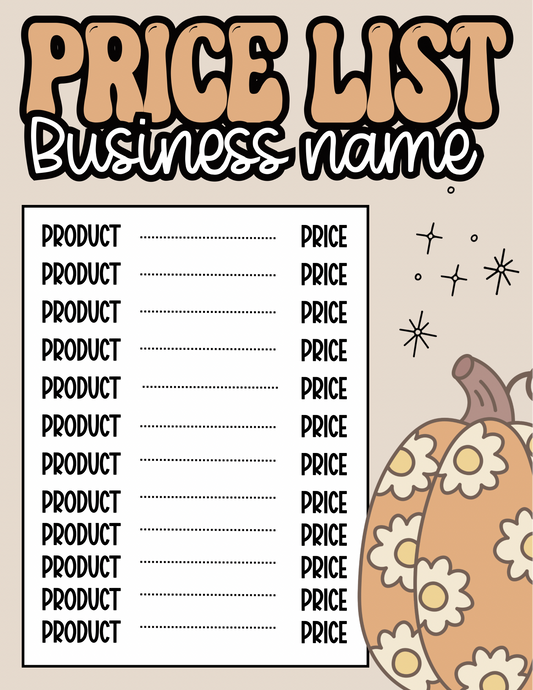 Fall Price Sheet