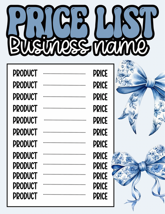 Blue Bow Price Sheet