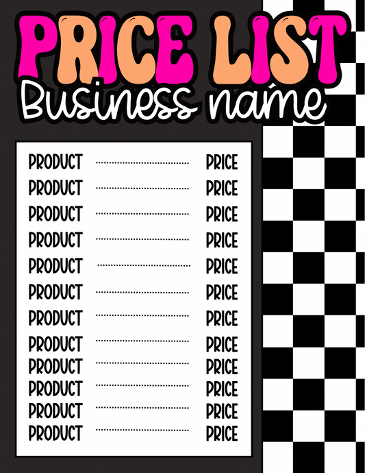 Pink + Orange Check Price Sheet