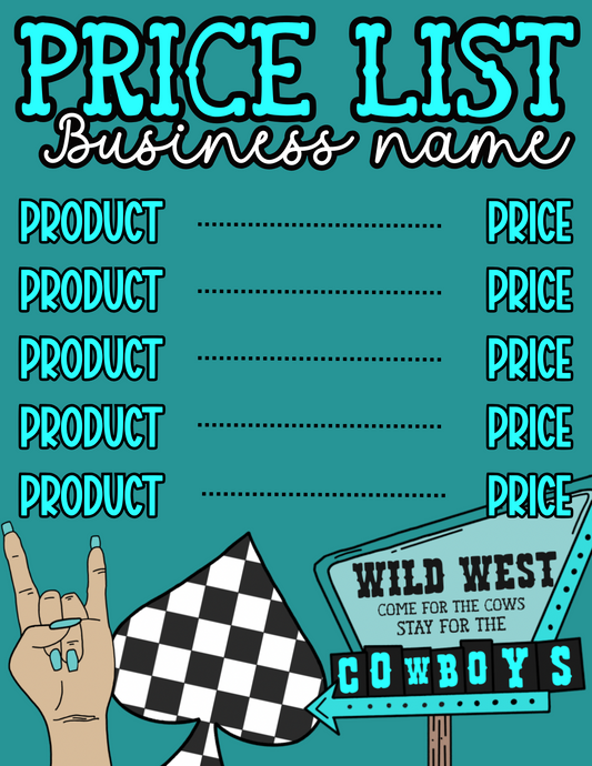 Turquoise Western Price Sheet