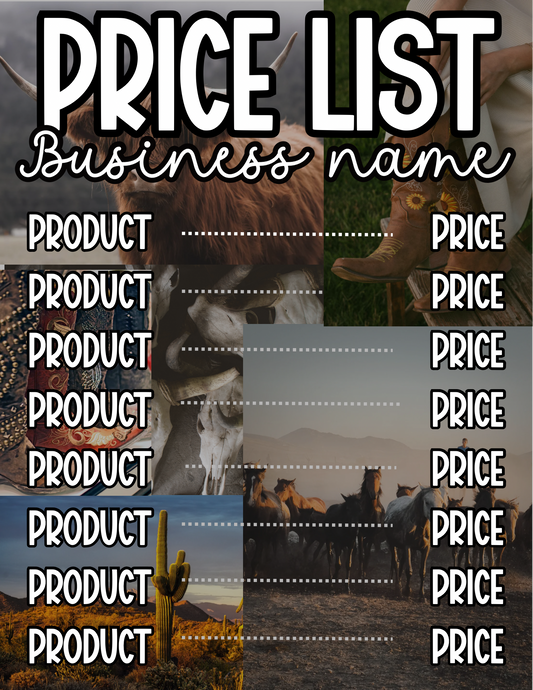 Western aesthetic Price Sheet