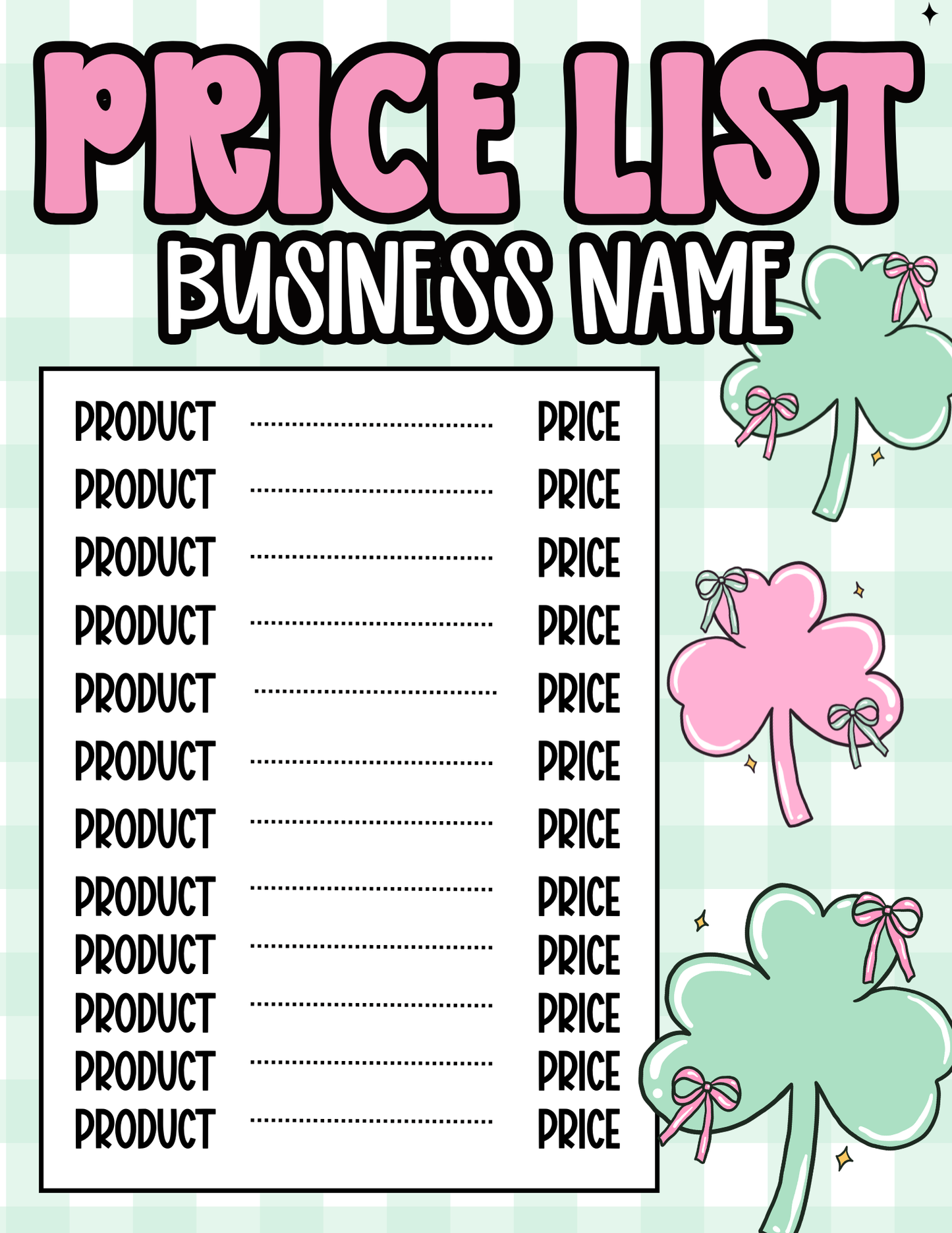 St. Patrick’s Day Price Sheet