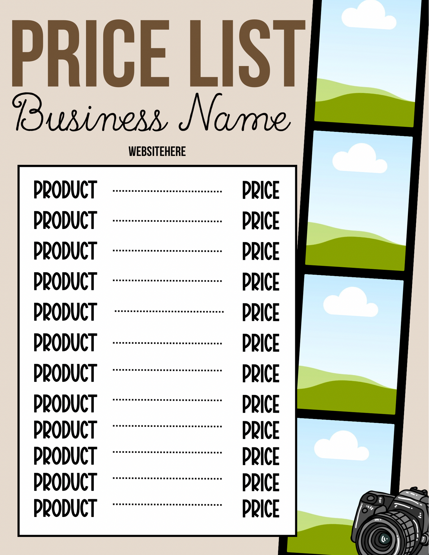 Photography Price Sheet