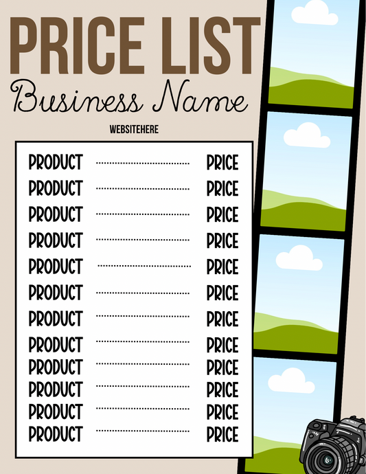 Photography Price Sheet