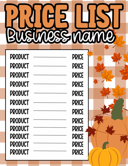 Classic Fall Price Sheet