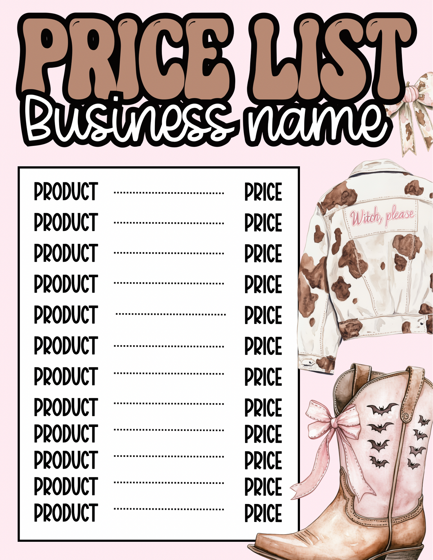 Western Halloween Price Sheet