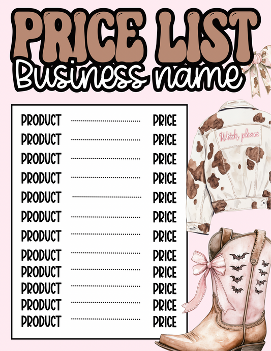 Western Halloween Price Sheet