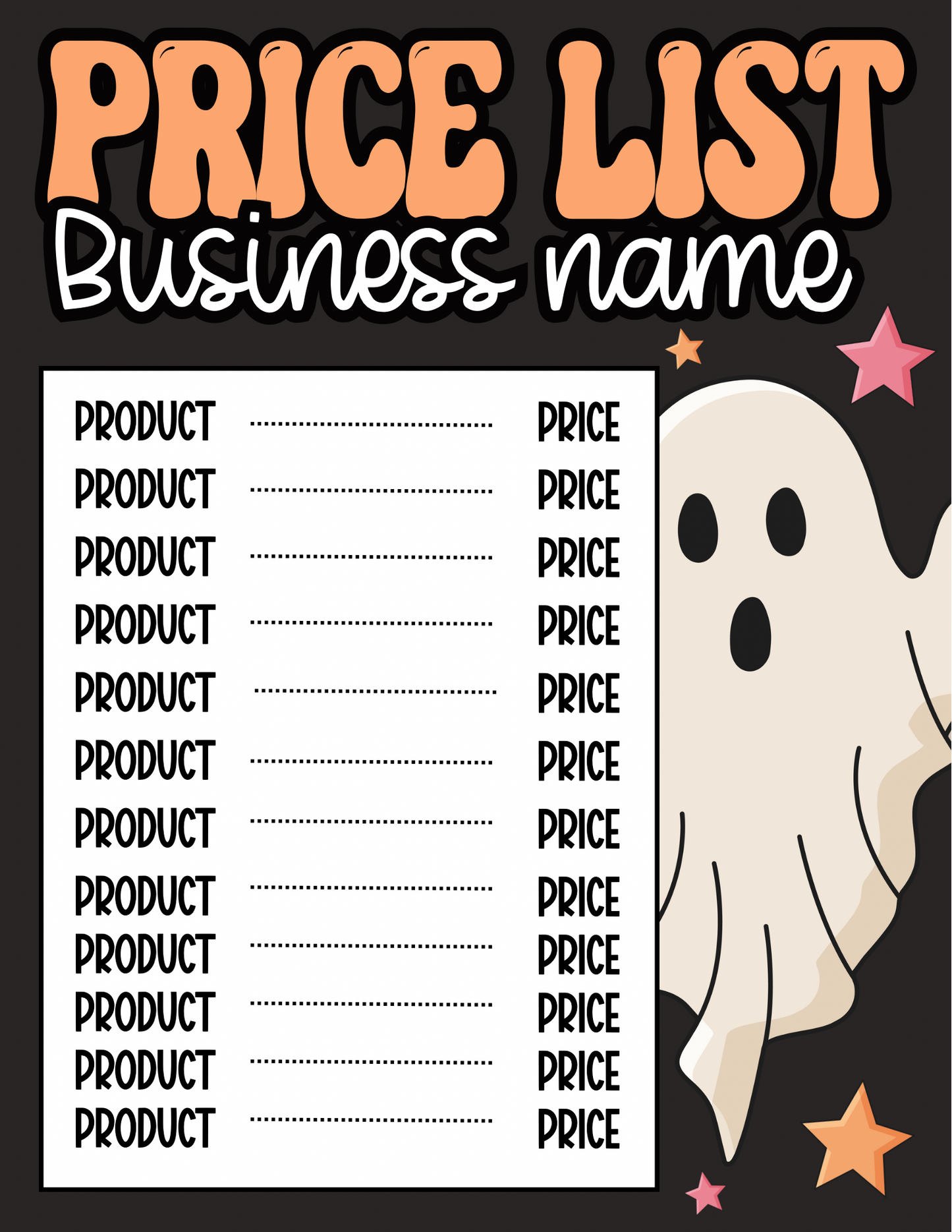 Halloween Price Sheet